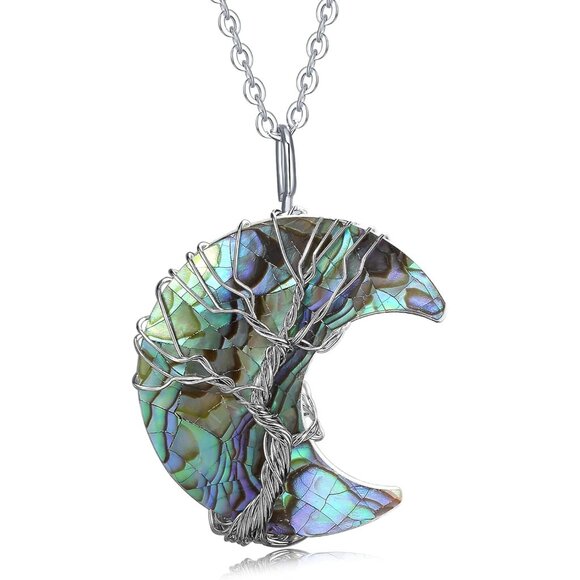 Women's Multi Moon Crescent Tree Wire Wrapped Natural Crystal Gemstone Necklace - Picture 1 of 6